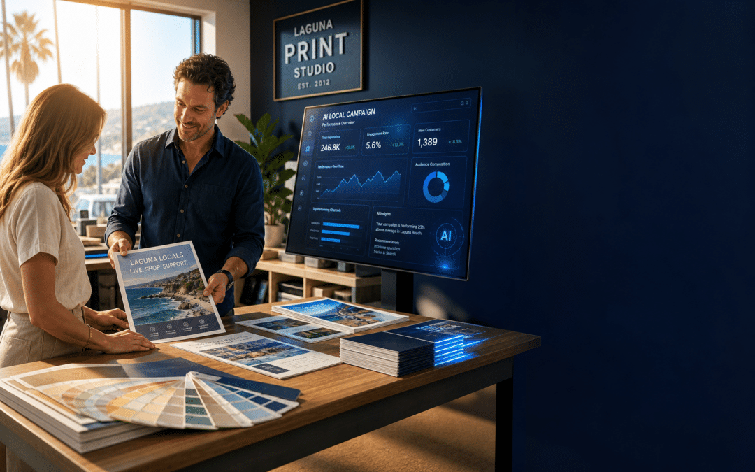 Laguna Beach small business owner using AI marketing tools with flyer printing materials nearby