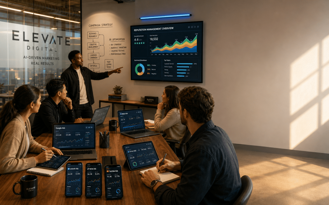 Professionals managing reputation management vs in-house team strategies using AI advertising dashboards