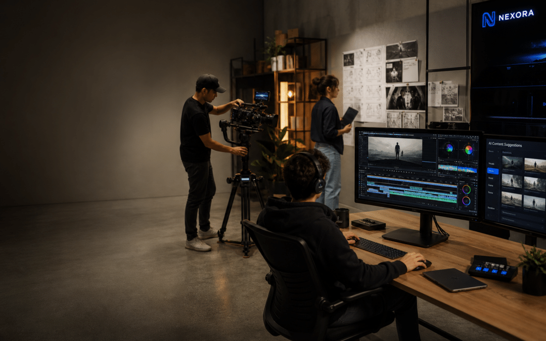 Modern marketing team working on AI content creation with cinematic video editing tools