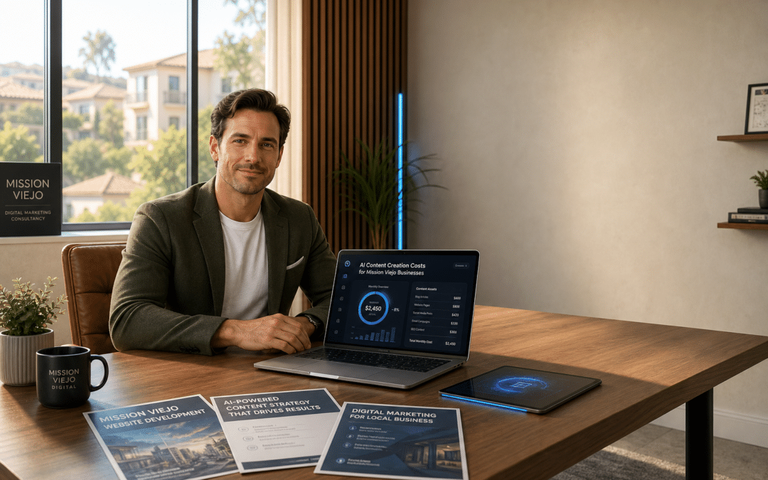 AI content creation cost in Mission Viejo visual showing professionals working on AI-driven marketing and website development