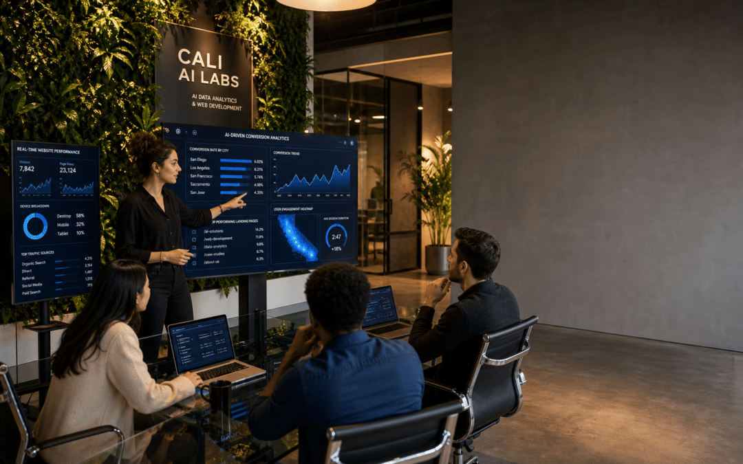 AI data analytics professionals working on dashboards in a modern Los Angeles office environment
