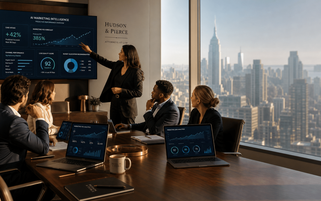 Law firm marketing professionals analyzing AI data analytics dashboards in a modern office, illustrating AI marketing agency New York strategies