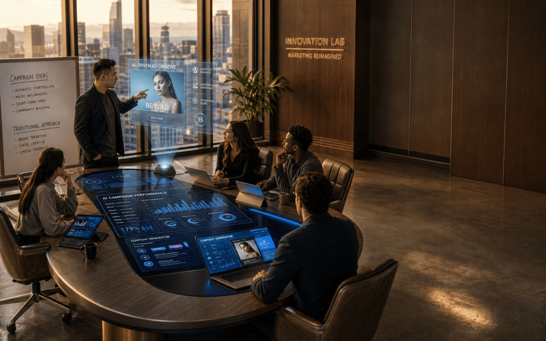 Digital marketing team analyzing AI advertising campaigns on high-tech screens