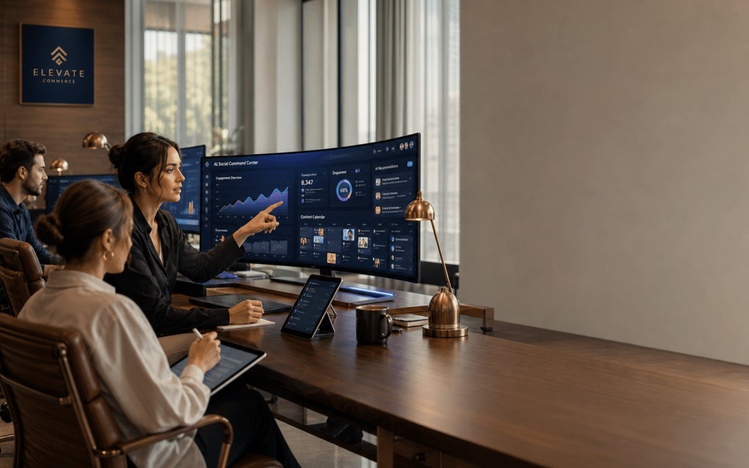 E-commerce brand using AI social media management tools in a modern digital marketing office