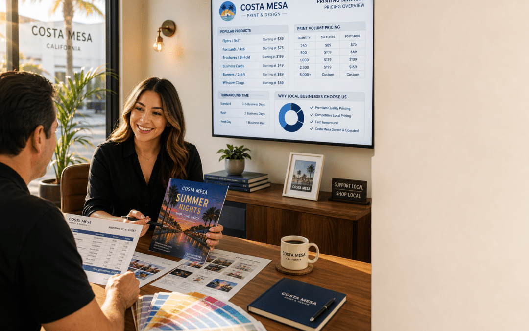 Flyer printing services cost analysis for Costa Mesa local businesses in a modern print shop setting