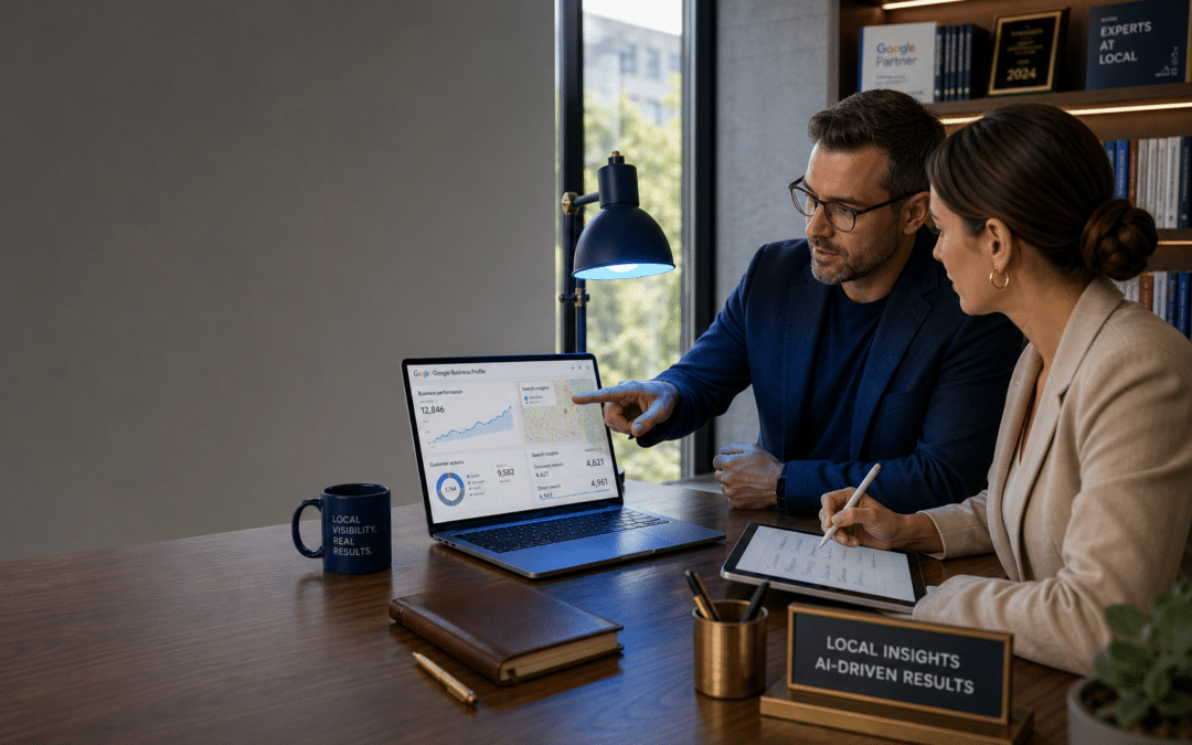 Digital marketing professionals optimizing Google Business Profile on multiple screens with data analytics