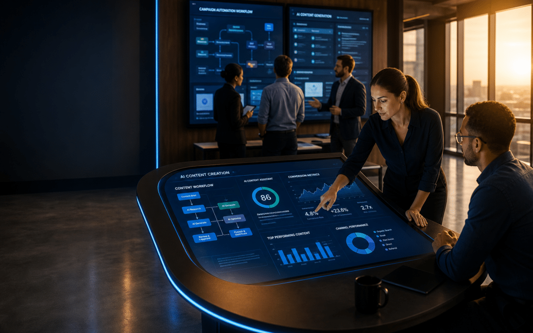 Marketing automation dashboard and AI content creation tools in a modern workplace