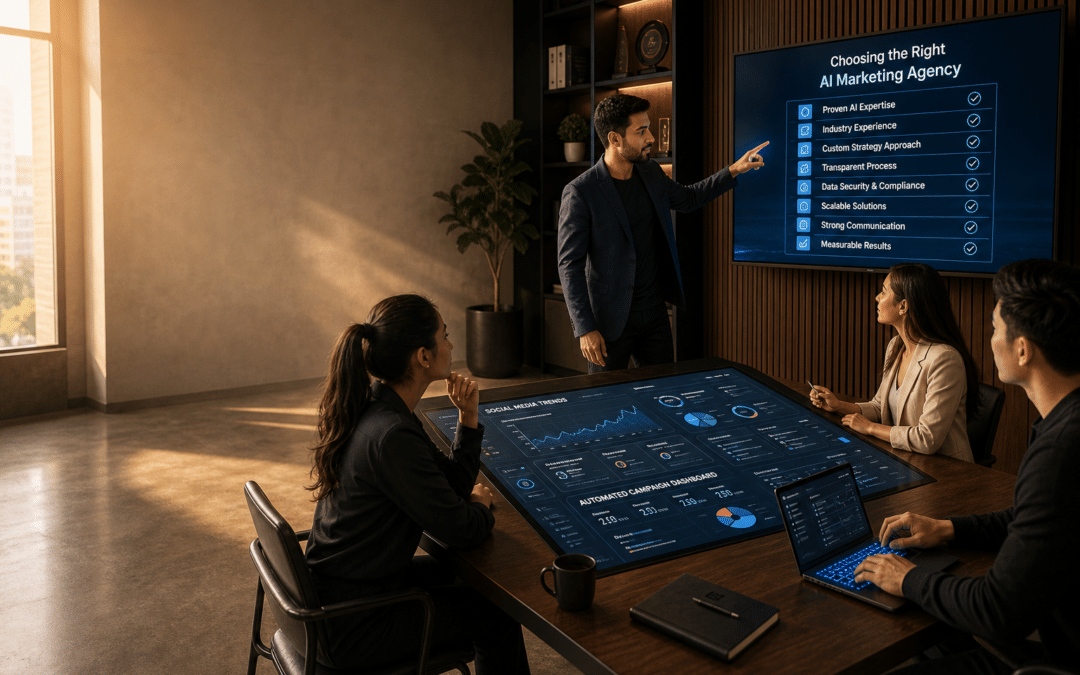 Professionals collaborating in a modern office with AI marketing dashboards showing how to choose the right AI marketing agency