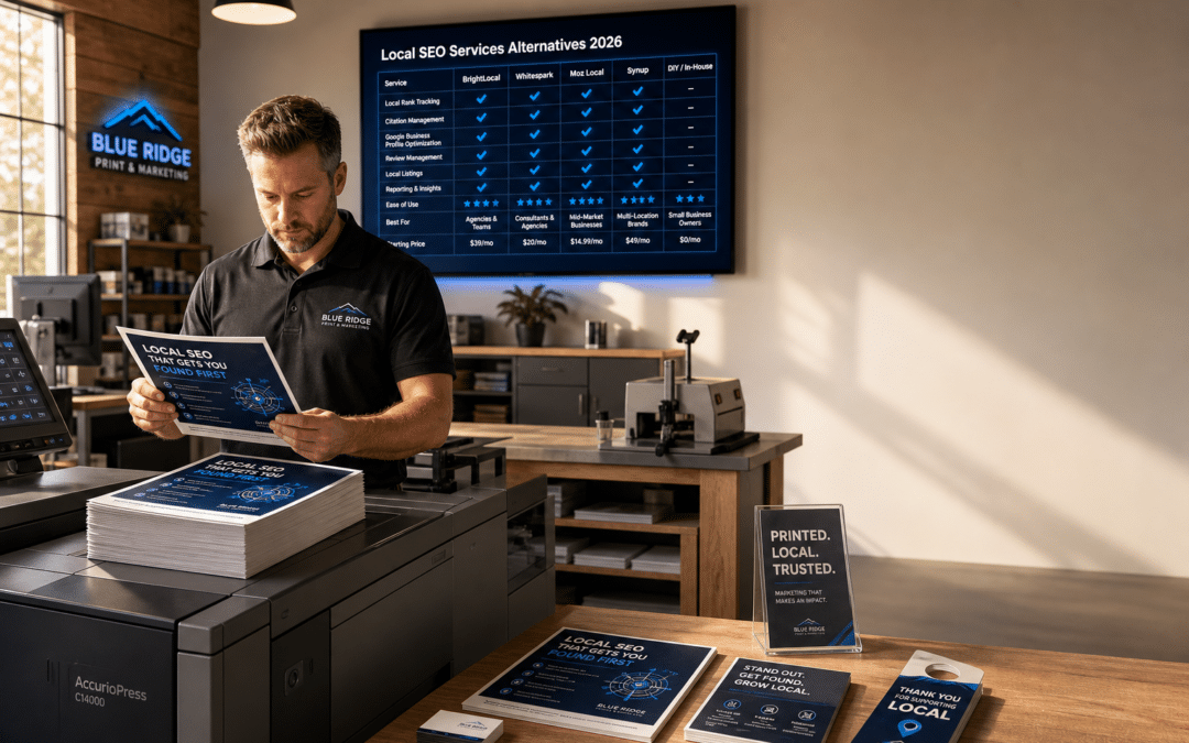 Local SEO services alternatives shown through a modern marketing team using digital tools and printed flyers