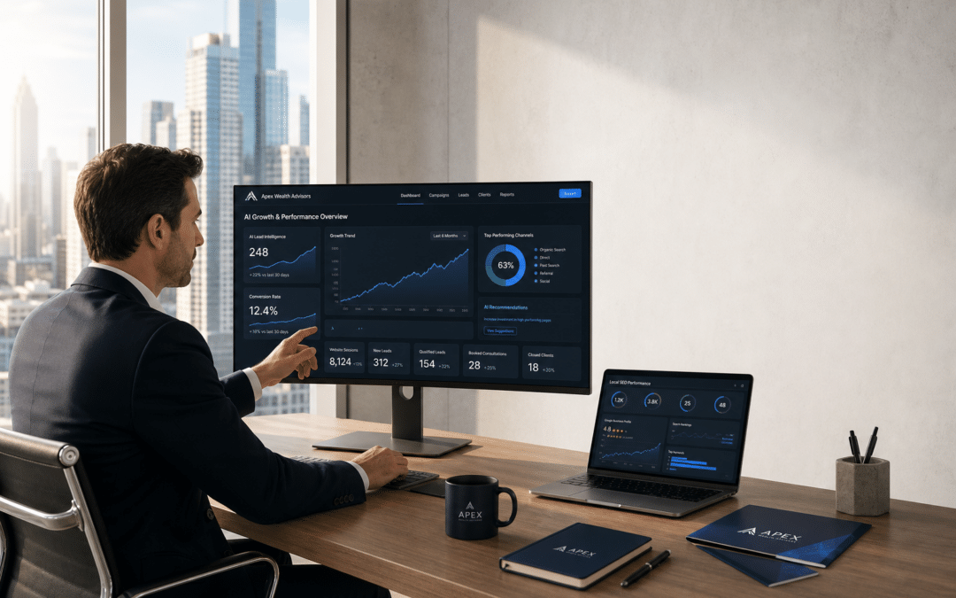 Local SEO for financial advisors showing professionals analyzing digital marketing data on computer screens