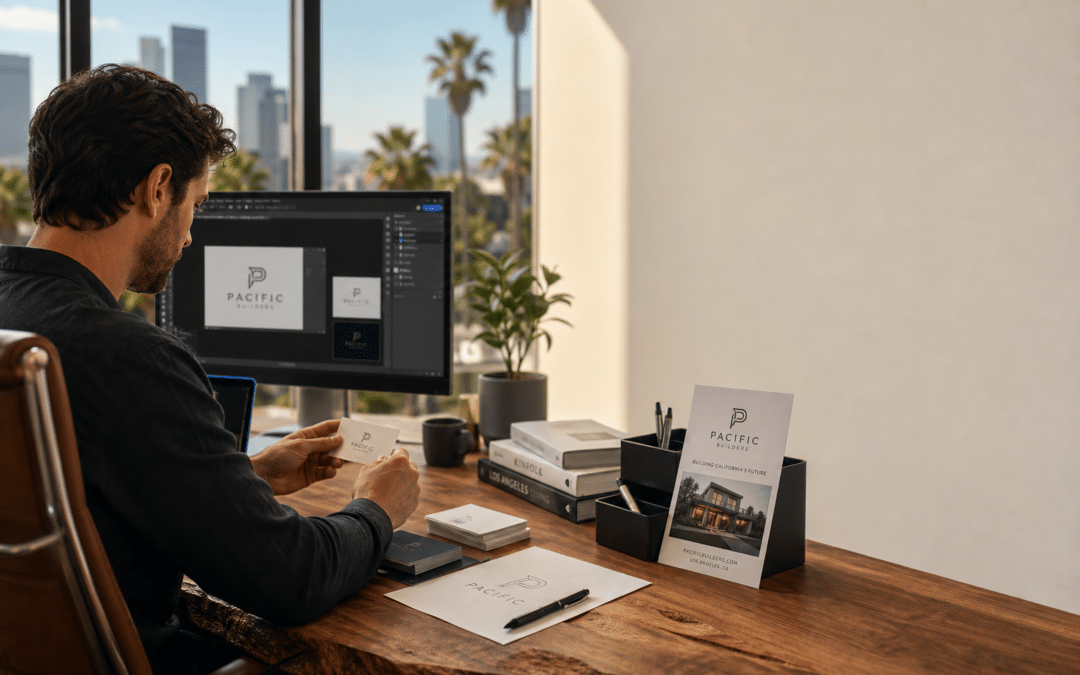 Logo and business card design process in a Los Angeles office setting