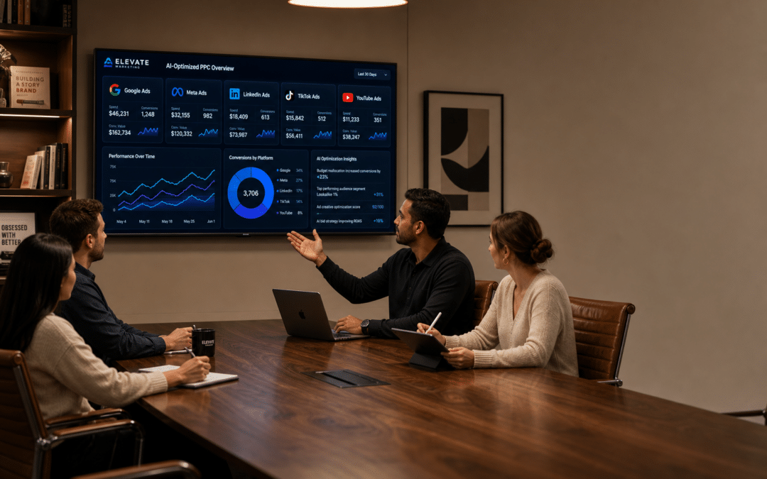 Marketing agency team analyzing AI advertising campaigns and PPC data dashboards