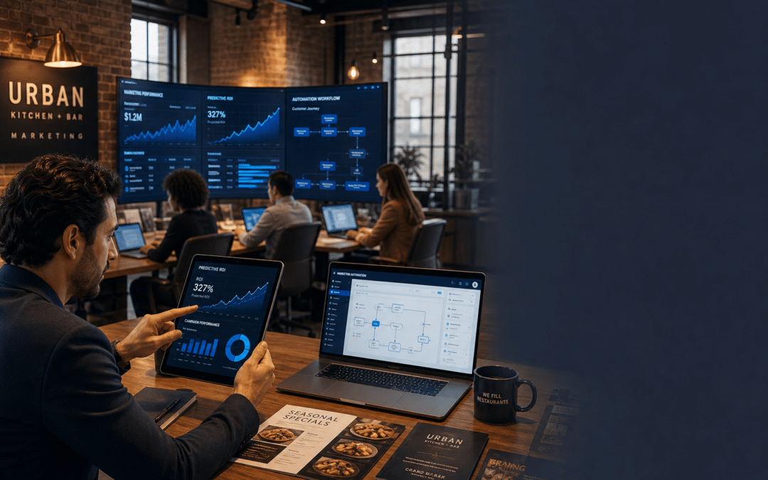 Restaurant marketing automation team analyzing AI data analytics dashboards for global restaurant marketing