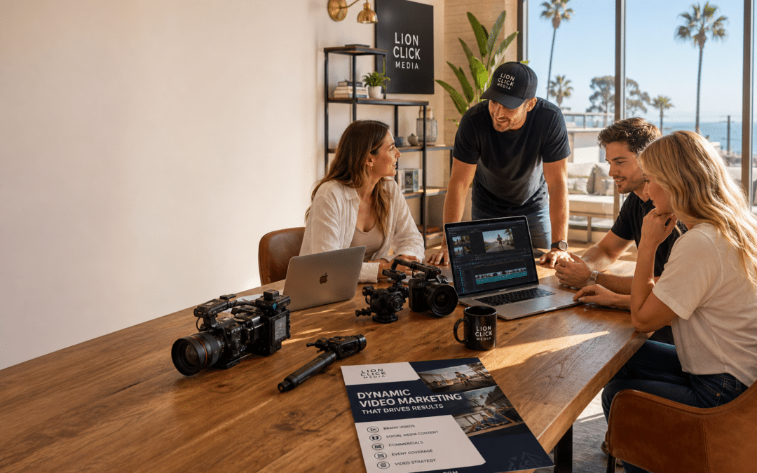Newport Beach video creation team working on marketing content with AI tools in a modern office