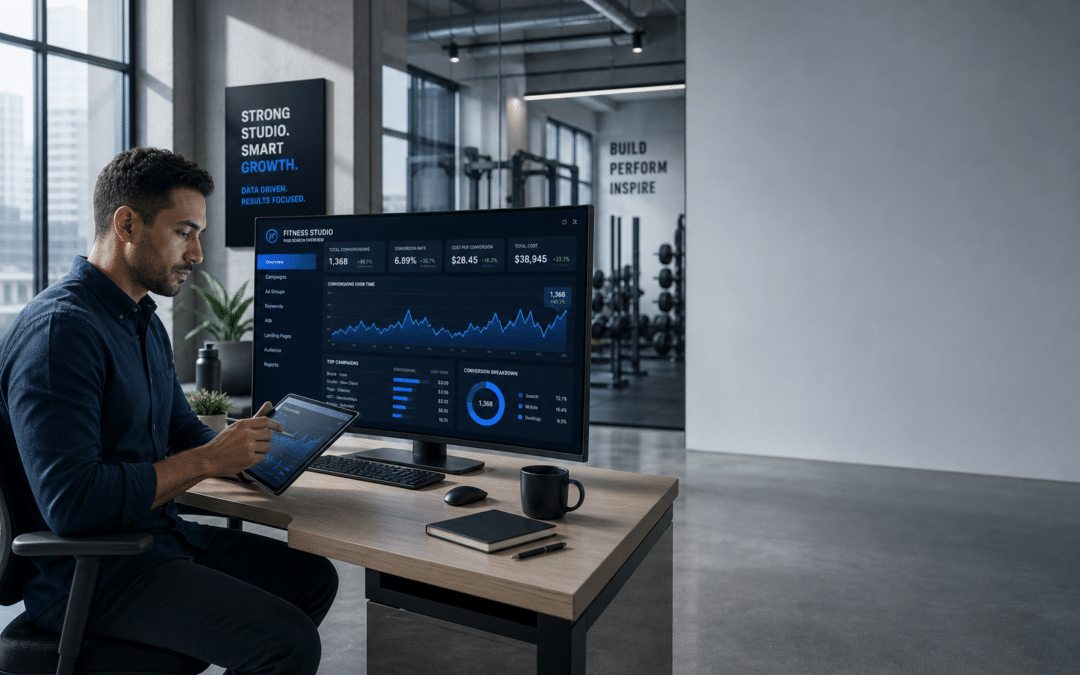 Fitness studio marketing professionals analyzing paid search absorbed organic collapse data on multiple screens with AI analytics tools