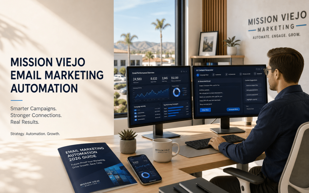 Email marketing automation dashboard on computer screens in a professional marketing office