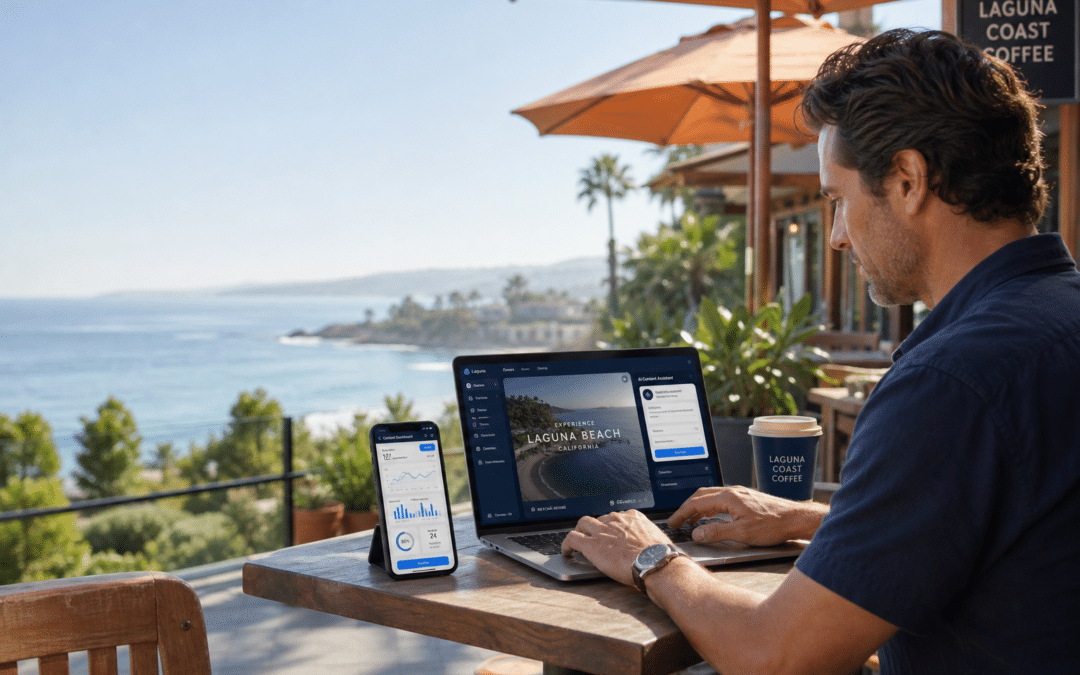 AI content creation setup for Laguna Beach small businesses with marketing professional at workstation