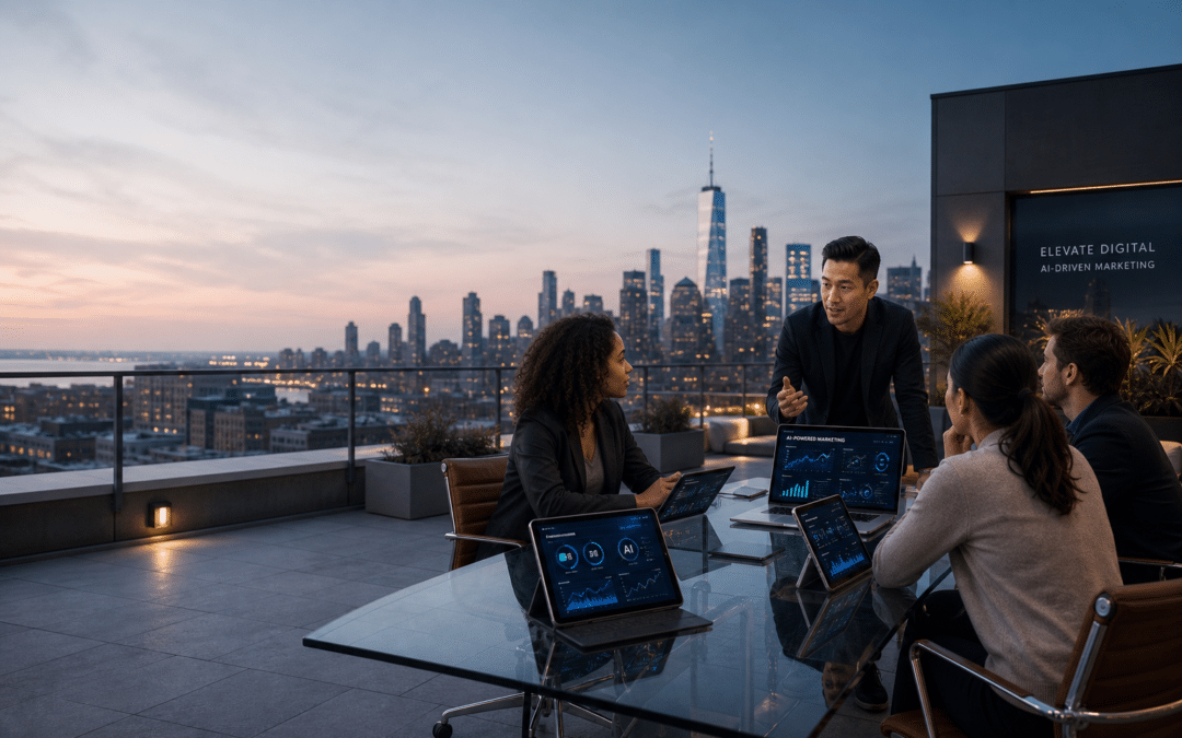 Nationwide brand marketers reviewing AI data analytics dashboards in modern office environment
