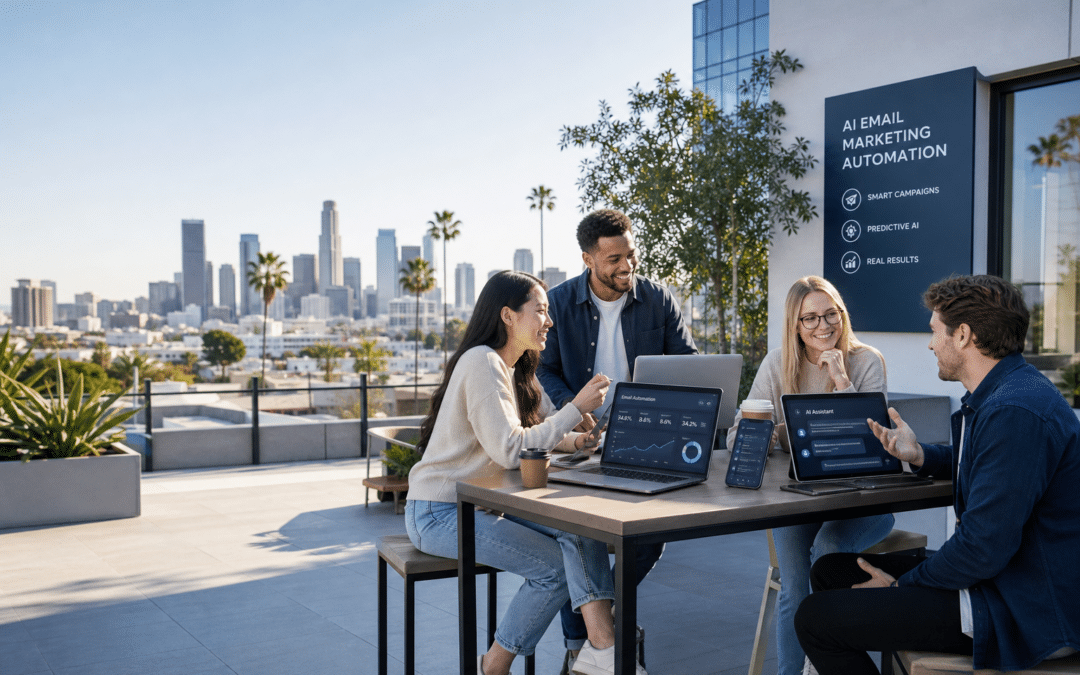 Email marketing automation dashboard and AI live chat interface in California business office
