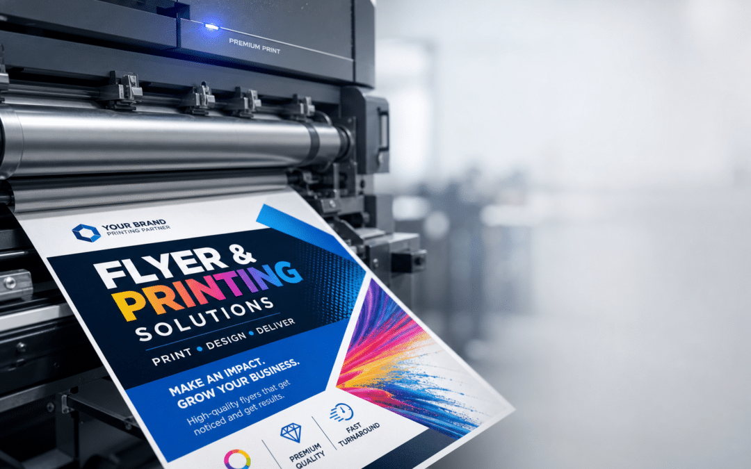 Marketing team collaborating on AI-driven strategy with flyer printing materials in a modern office environment