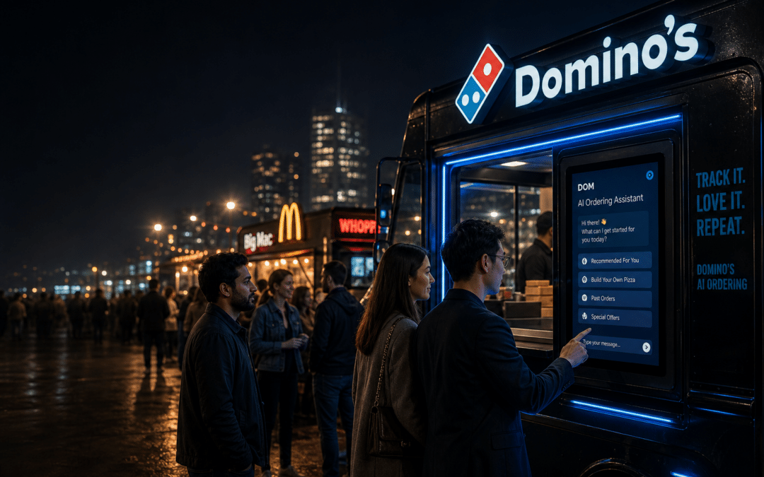 Modern marketing team using AI live chat and analytics tools illustrating Domino’s marketing strategy for e-commerce brands