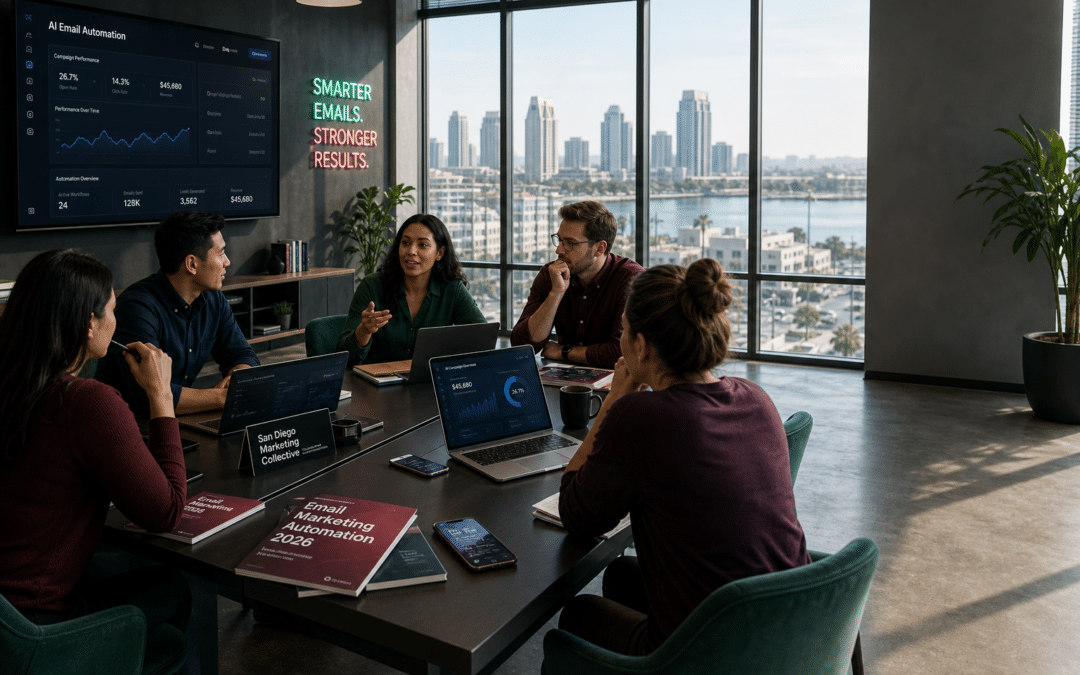 Email marketing automation dashboard on screen in a Southern California office showing campaign metrics and AI content suggestions
