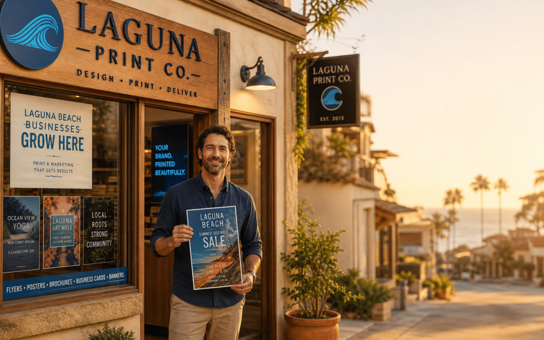 Website development team working on a Laguna Beach business site with flyer printing concepts visible