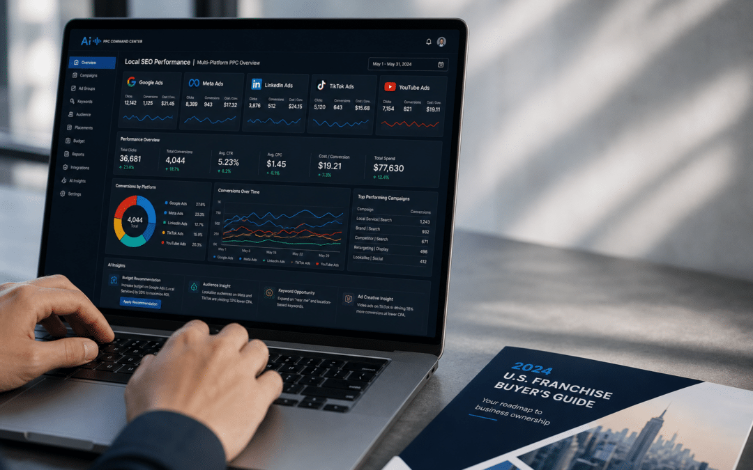 Marketing team analyzing local SEO data for U.S. franchises on digital dashboards