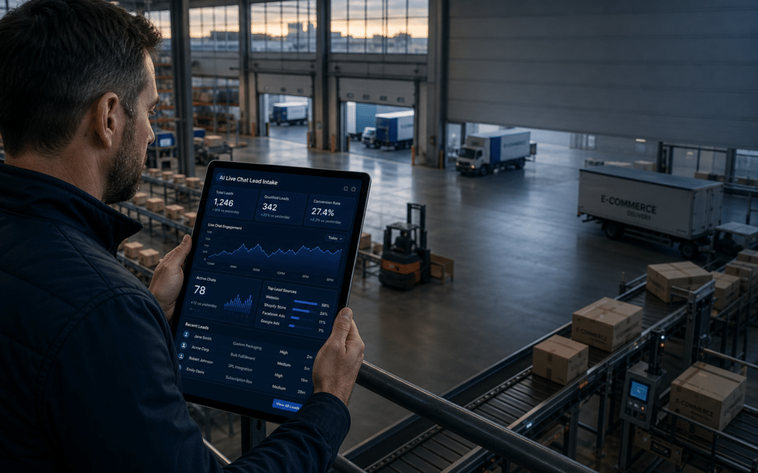 E-commerce professionals using AI live chat and lead intake assistant tools in a modern office setting